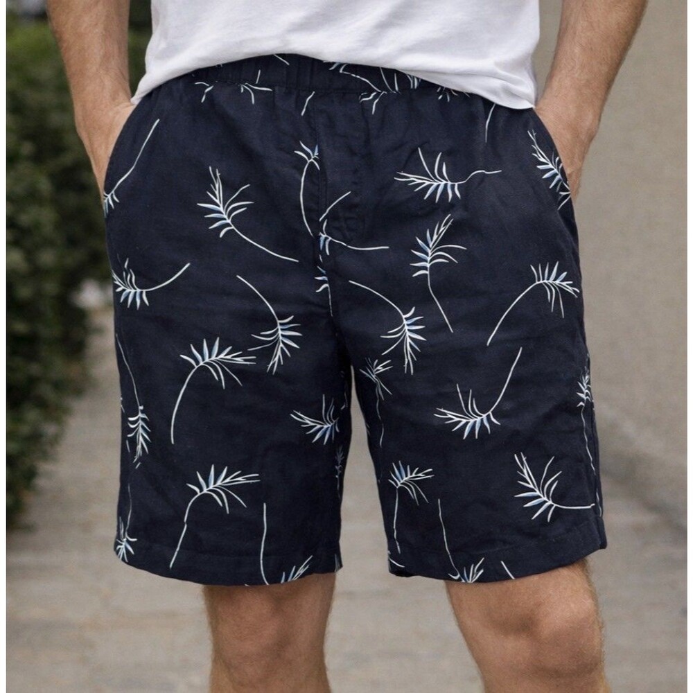 Magaschoni Navy Blue Griffith Slim Fit Linen Blend Shorts Leaf Sz 38